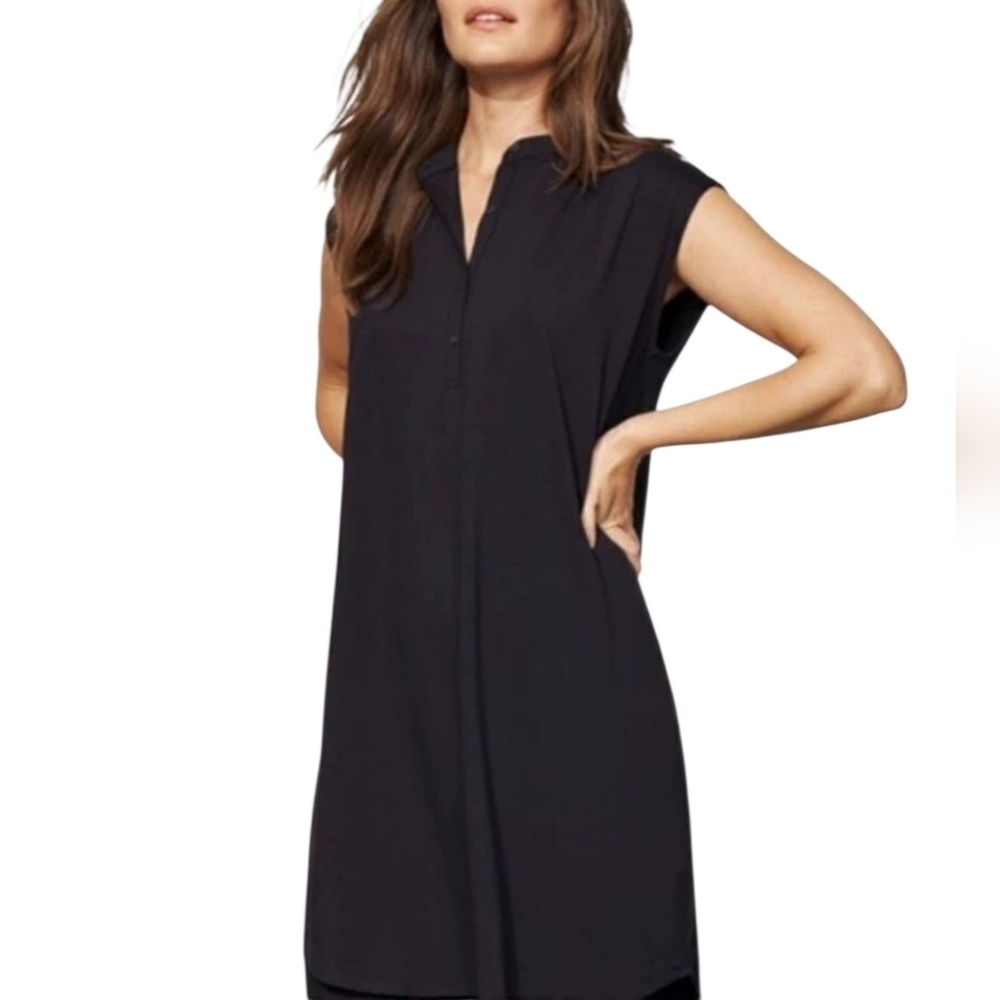 Eileen Fisher Knit Mandarin Collar Dress Size XSMALL Black Oversized Loose